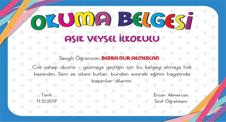 Okuma Belgesi Örneği -205