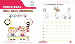 1. Sınıf İçerikleri 9 G sesi temel yazı harf fasikülü, G harfi yazım alıştırmaları için görsel materyal.