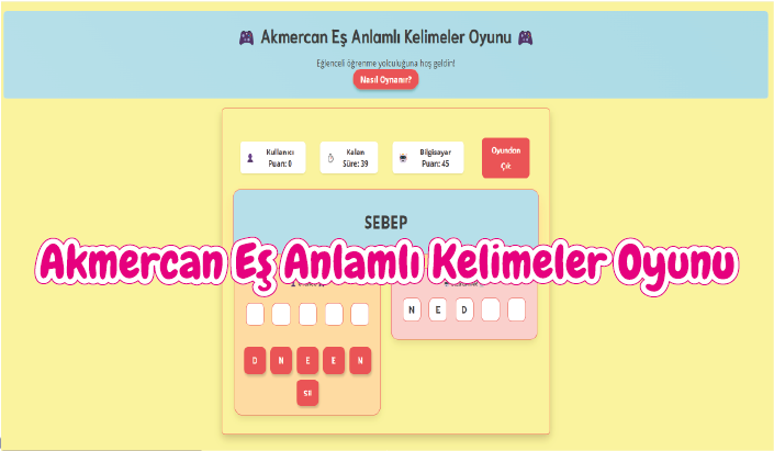 Akmercan Eş Sesli Kelimeler Oyunu ekran görüntüsü, eğitici ve eğlenceli bir kelime oyunu arayüzü.