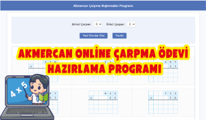 Akmercan Online Çarpma Ödevi Hazırlama Programı görseli, öğretmenlere ve velilere hızlı, kolay ve pratik çarpma alıştırmaları hazırlama fırsatı sunan bir aracı tanıtıyor.
